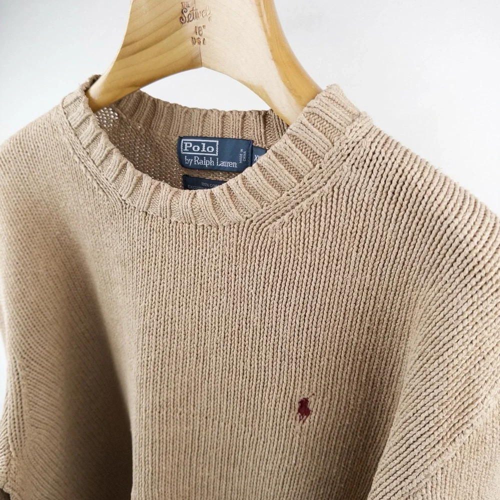 90's Vintage Polo Ralph Lauren Knit Sweater Mens 2XL Camel Brown Cotton Crewneck